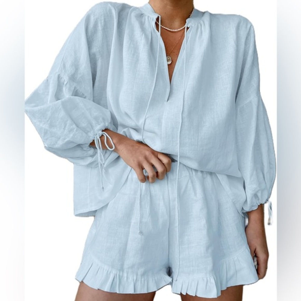 🦋Women's Light‎ Blue Ruffle Shorts Set…NWOT🦋